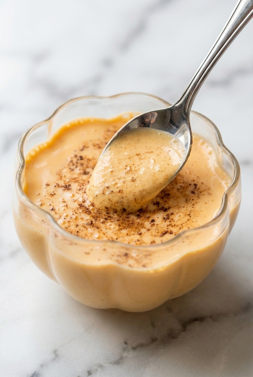 Close-up of the thick, frothy surface of Pumpkin Eggnog showing specks of pumpkin pie spice