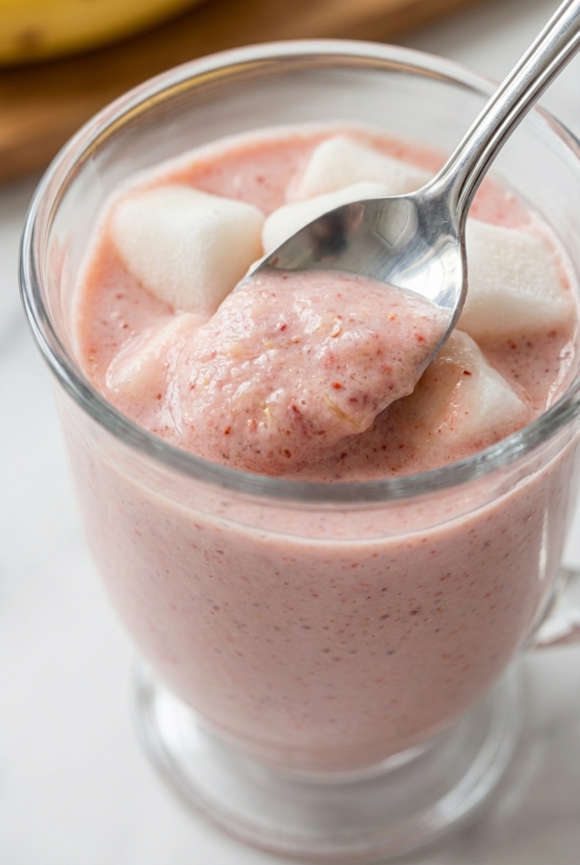 A close-up showing the incredibly thick and smooth texture of the strawberry banana smoothie as it's being poured.