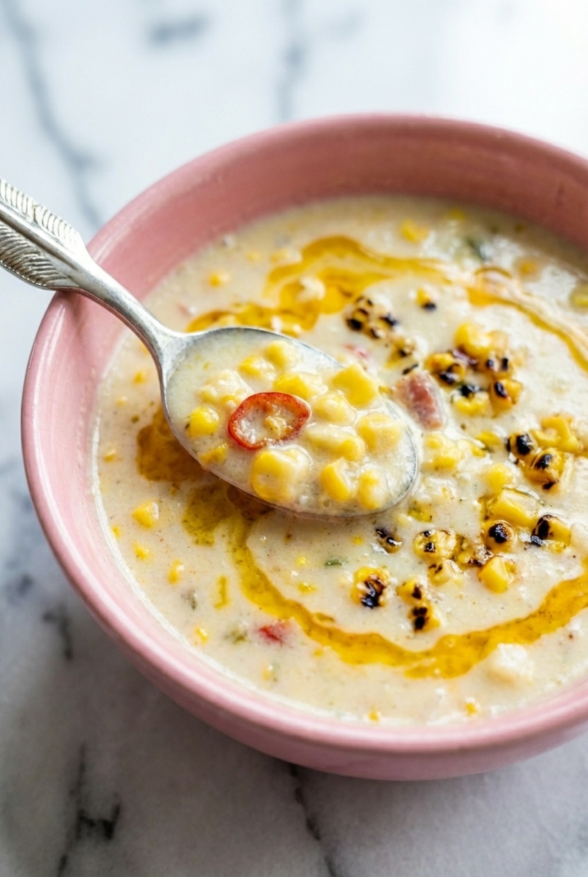 Close-up view of a spoon lifting thick corn chowder with chilies, showing the velvety texture and tender corn kernels.