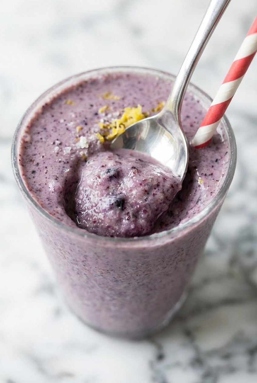 Close-up of a spoon lifting a thick, velvety scoop of Blueberry Banana Protein Smoothie showing the smooth consistency.