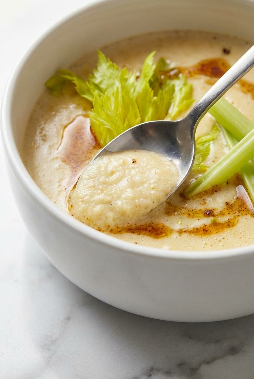 Blending a smooth vegetable velouté base for cream of celery soup using an immersion blender in a large pot.