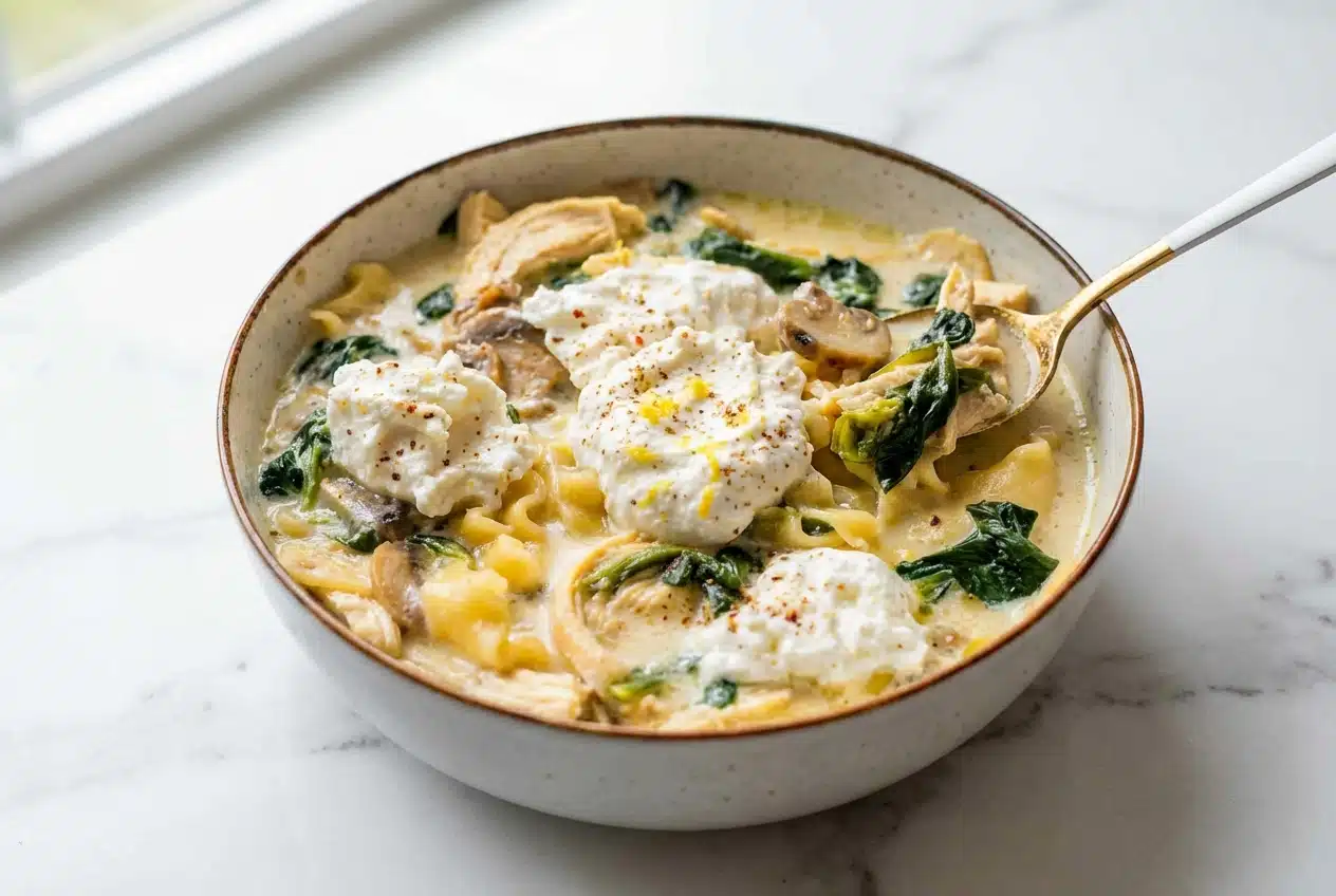 Creamy white lasagna soup topped with a bright lemon and nutmeg infused ricotta garnish.