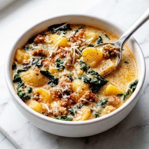 Creamy zuppa toscana with kale and potatoes, flavored with a savory parmesan rind and warm nutmeg infusion.