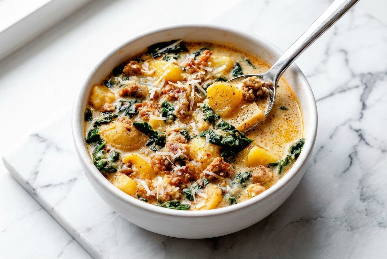 Creamy zuppa toscana with kale and potatoes, flavored with a savory parmesan rind and warm nutmeg infusion.