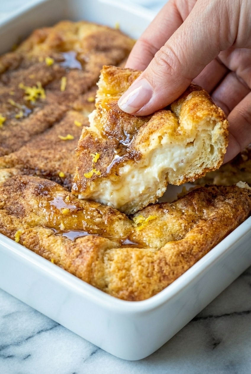 Sliced cheesecake crescent rolls showing the creamy layer and cinnamon sugar topping in a 9x13 baking pan.