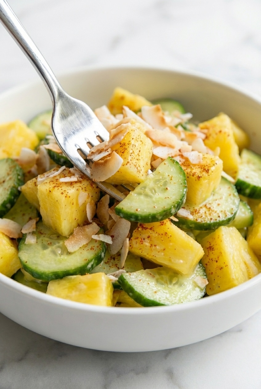 Close-up of crisp pineapple cucumber salad served outdoors, highlighting the crunchy coconut and fresh cilantro.