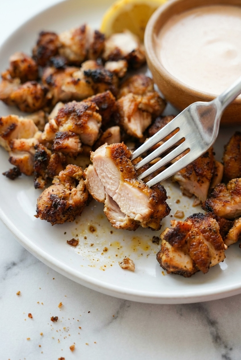 Close up of perfectly browned air fryer chicken thighs inside an air fryer basket, showcasing the crispy skin.