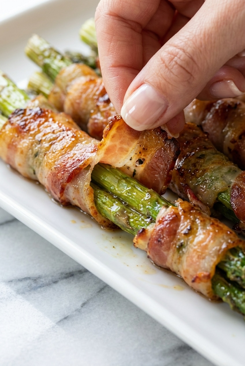 Close-up of crispy bacon wrapped asparagus showing the caramelized Maillard reaction from oven roasting.