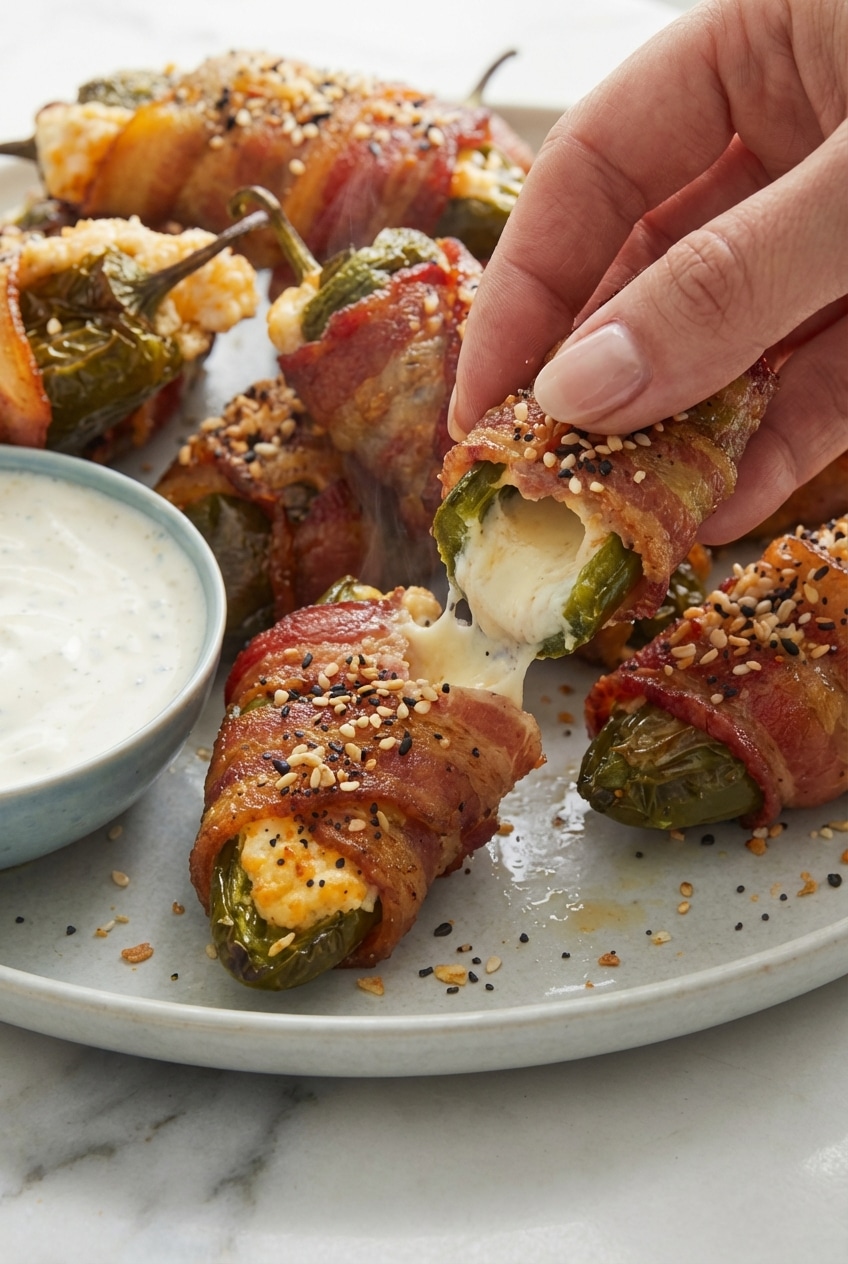 Bacon Wrapped Jalapeño Poppers roasting on a wire rack for a perfectly crispy finish.