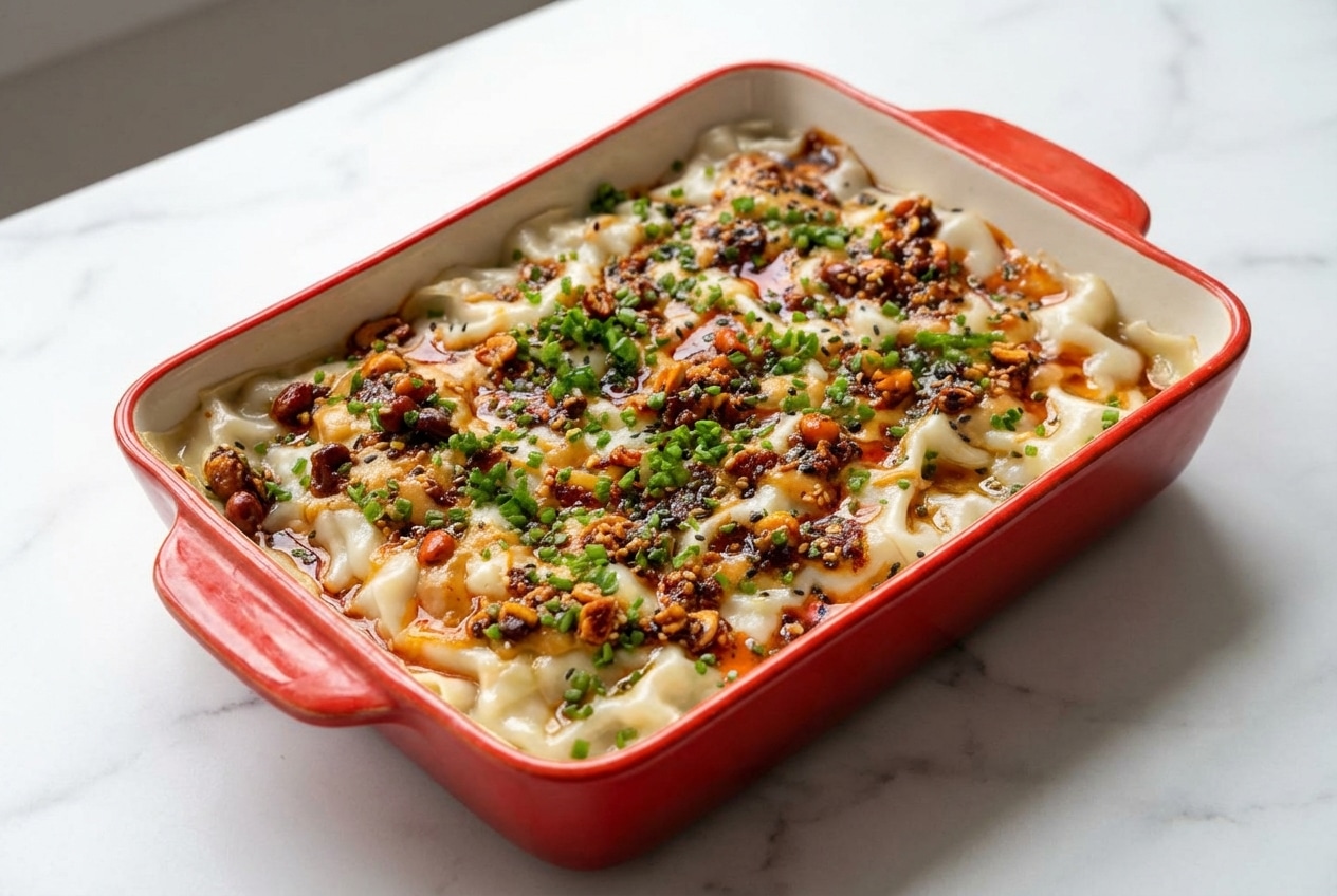 Layers of dumpling lasagna featuring a golden, crispy bottom finish and savory pork filling in a baking dish.