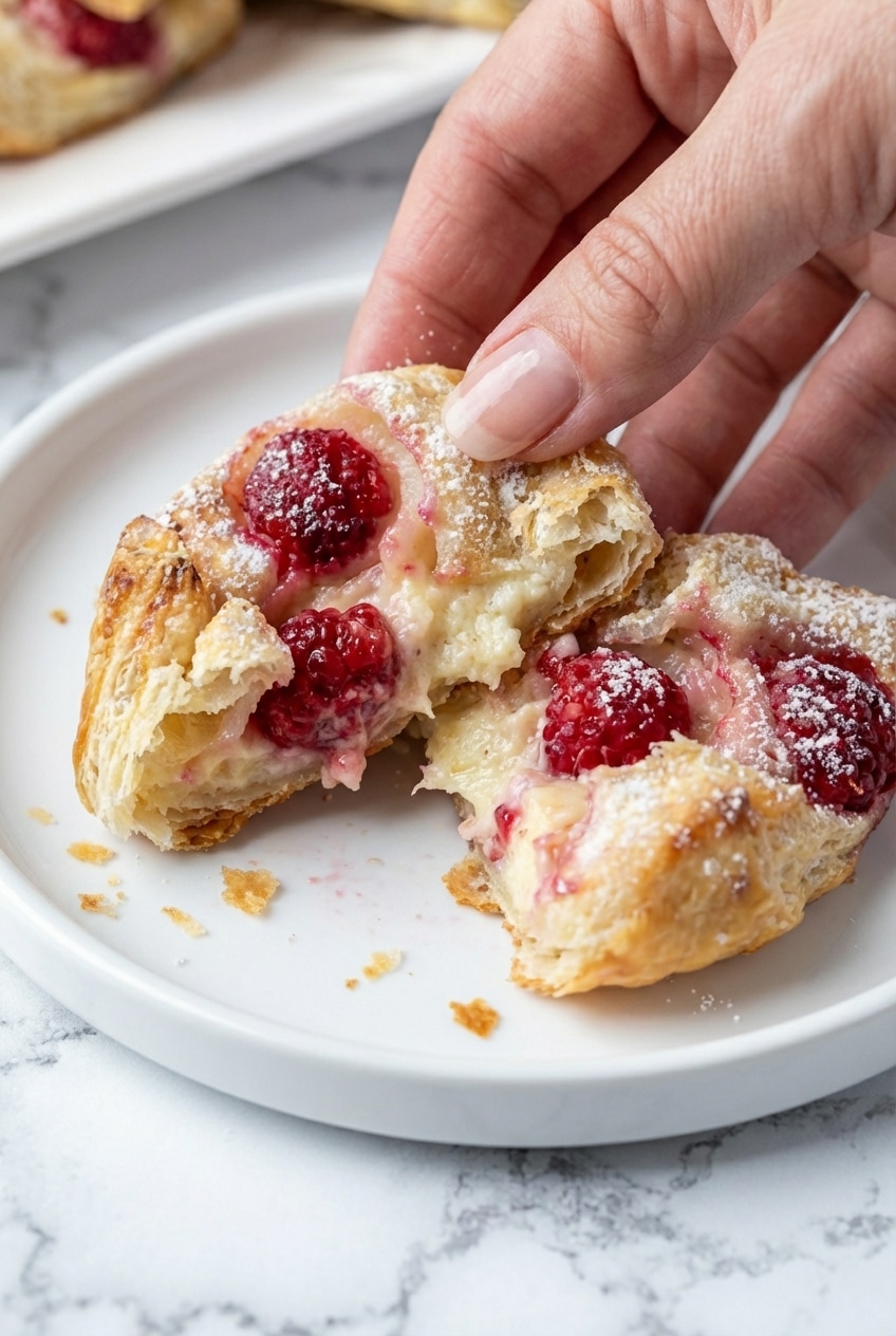 Golden brown Raspberry Cheese Danish showing flaky laminated dough layers after baking on a parchment-lined sheet.
