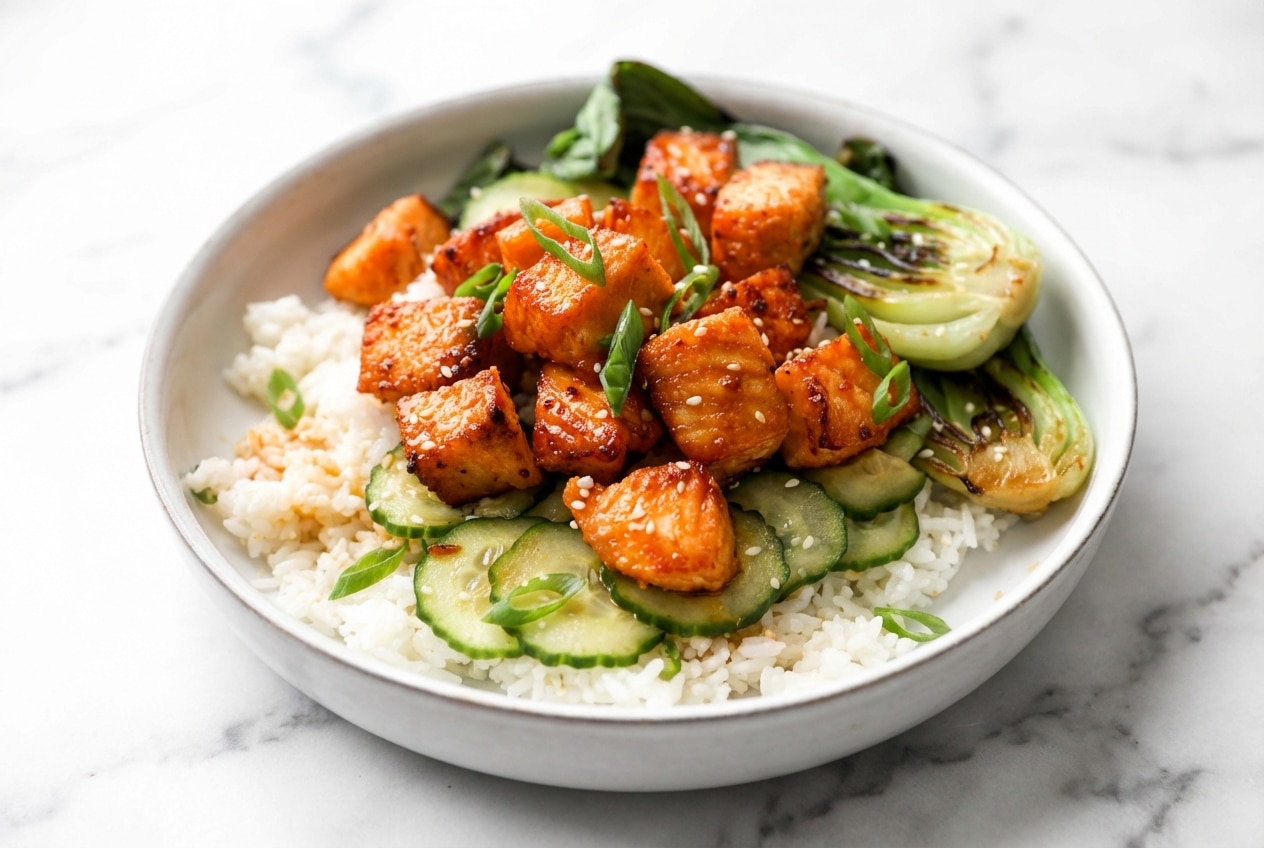 Crispy air fried salmon bites with a cornstarch crunch and a glossy hot honey glaze.