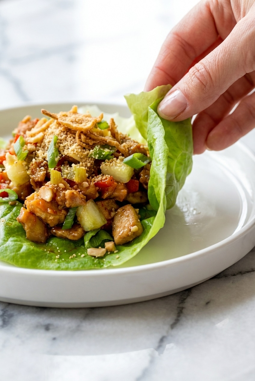 Close up view of Thai Chicken Lettuce Wraps filling showing the texture of toasted rice powder and golden fried shallots