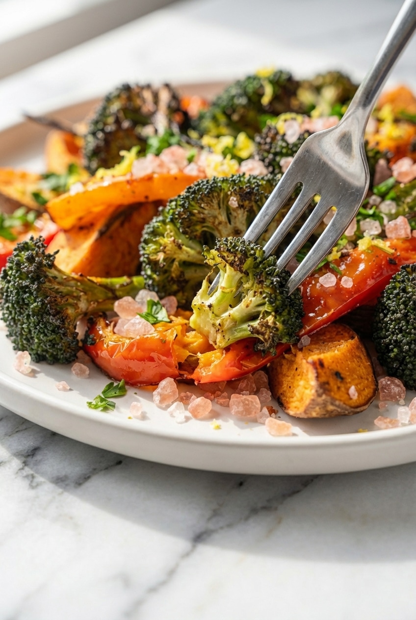 Close up showing the caramelized, crispy texture of pink salt roasted vegetables achieved by the reverse-salt method.