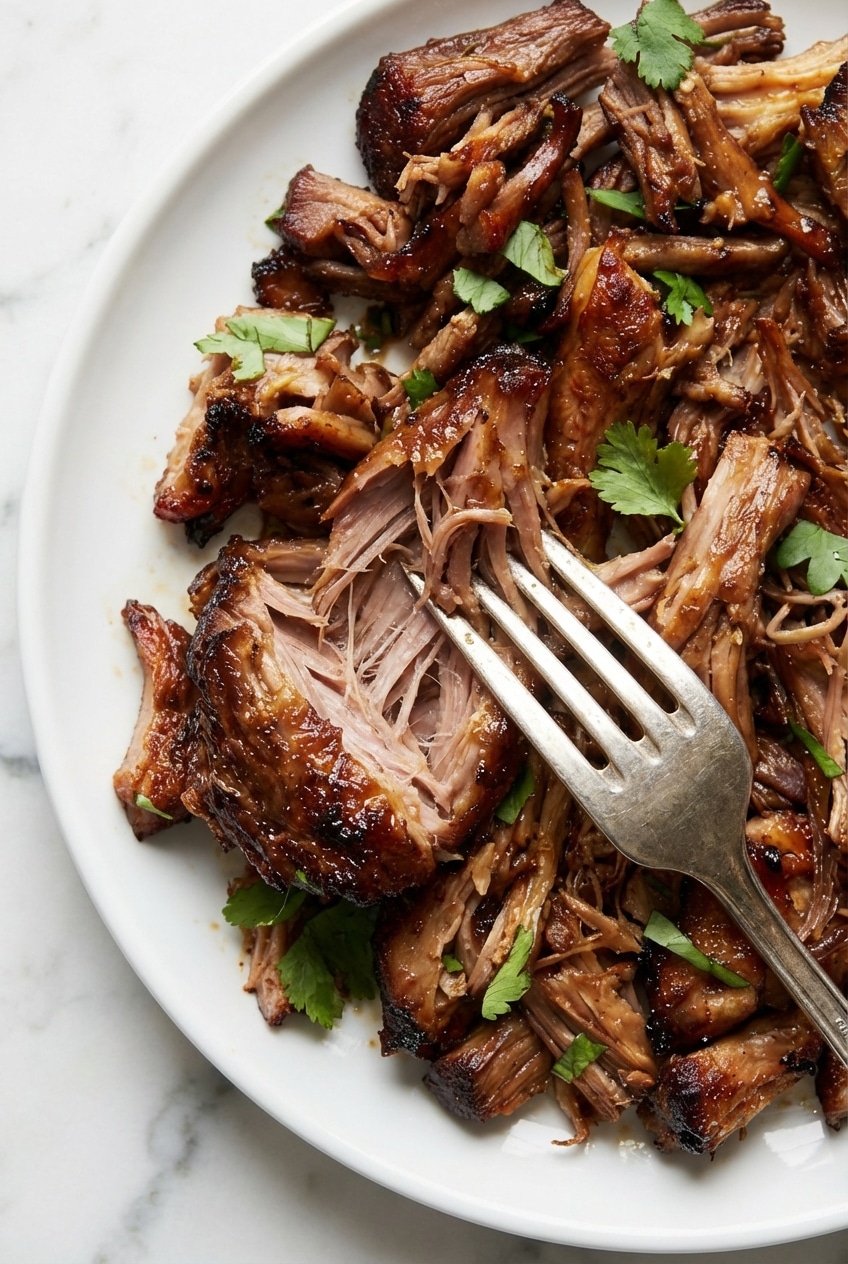 Close-up of shredded slow cooker pork carnitas showing the Maillard reaction and caramelized crispy bark.