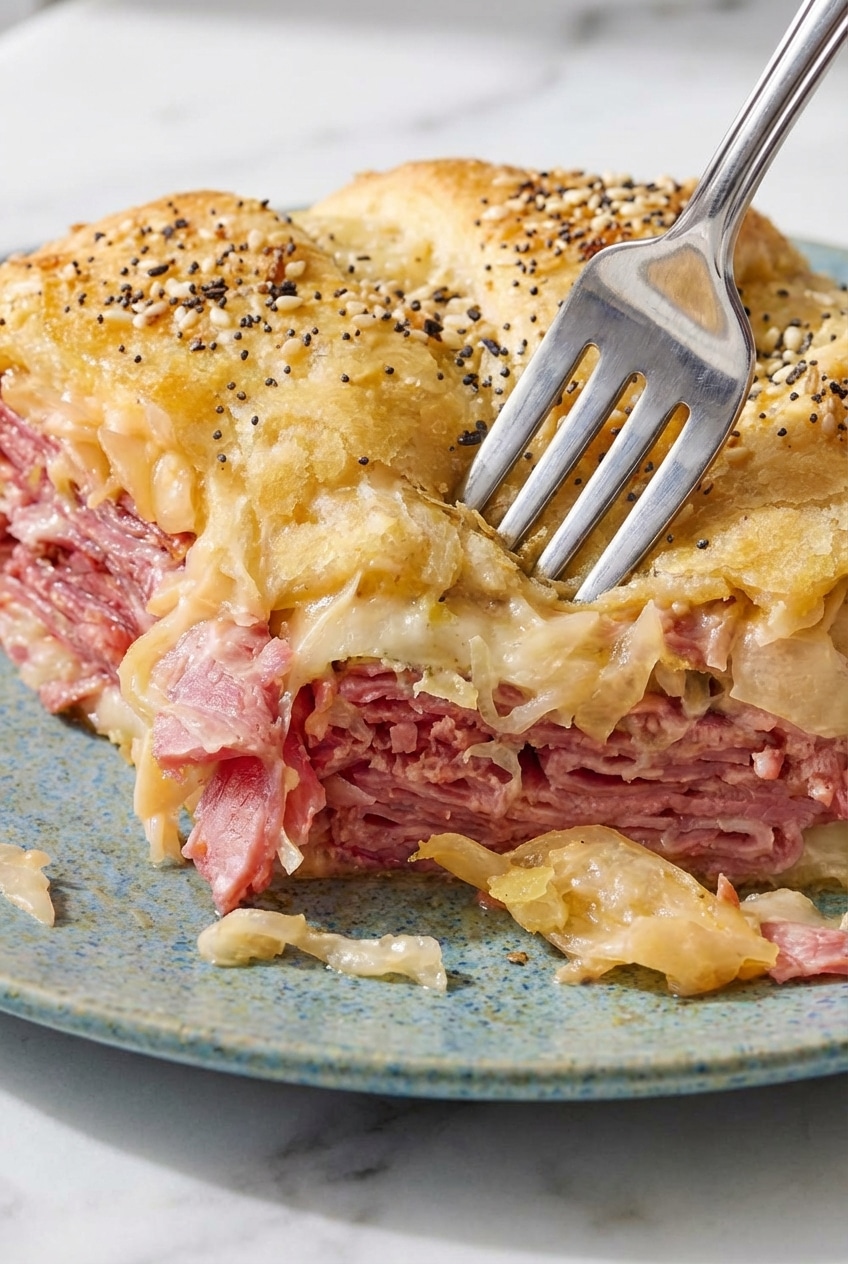 Close-up of the flaky, seasoned top crust of a reuben crescent bake highlighting the everything bagel seasoning.