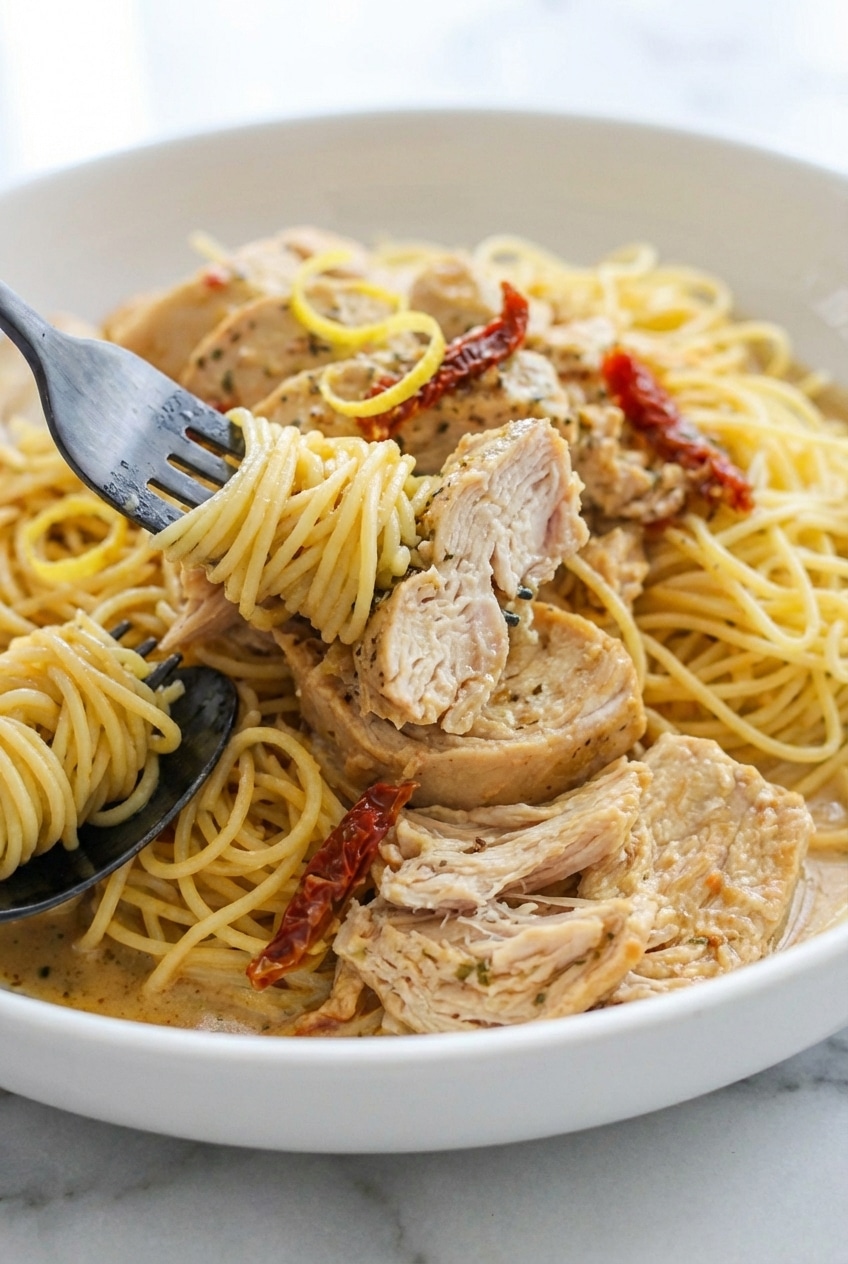 Golden sauce for crockpot angel chicken being prepared in a slow cooker with sun-dried tomatoes.