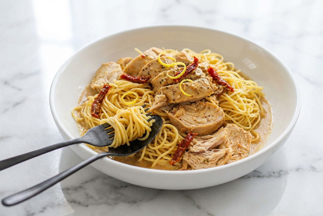 Creamy crockpot angel chicken over pasta with a sun-dried tomato and lemon brightener garnish.