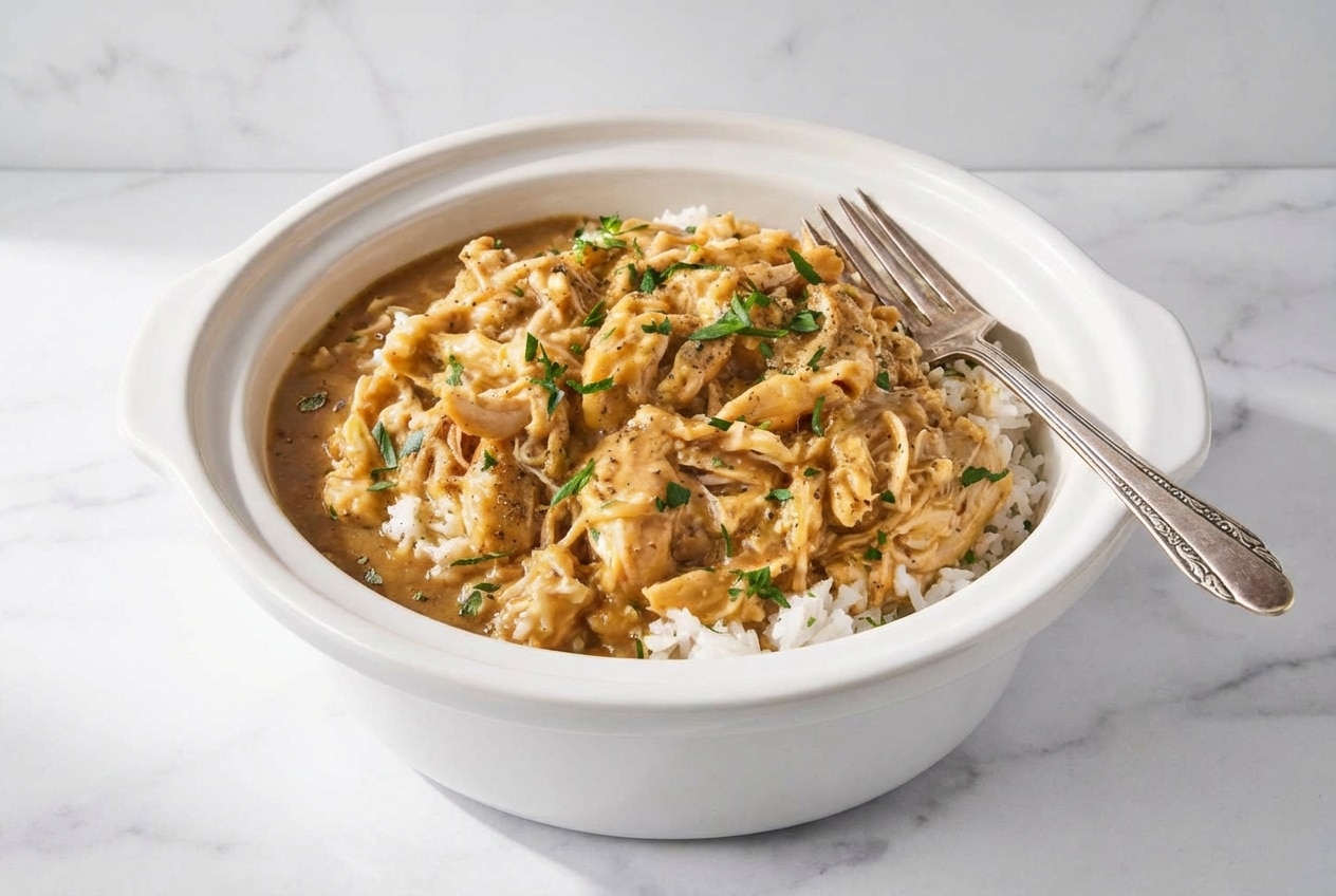 Creamy crockpot chicken and gravy with a savory umami-herb finish of sage and Worcestershire sauce.