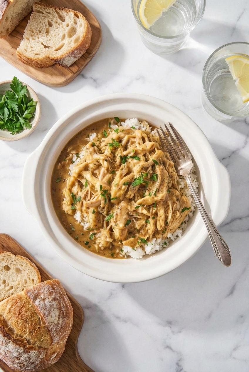A plate of shredded crockpot chicken and gravy served alongside creamy mashed potatoes.