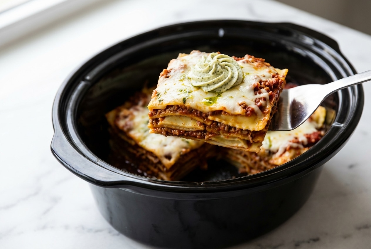 A scoop of crockpot ravioli lasagna in a white bowl, showing layers of pasta, meat sauce, and a creamy ricotta-pesto swirl on top.