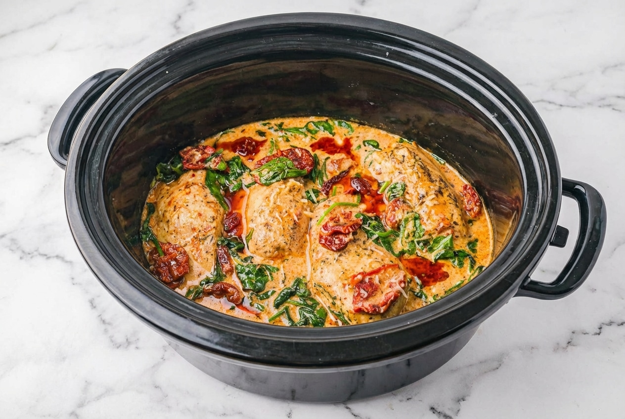 Golden crockpot tuscan chicken recipe seared in sun-dried tomato oil with baby spinach in a creamy sauce.