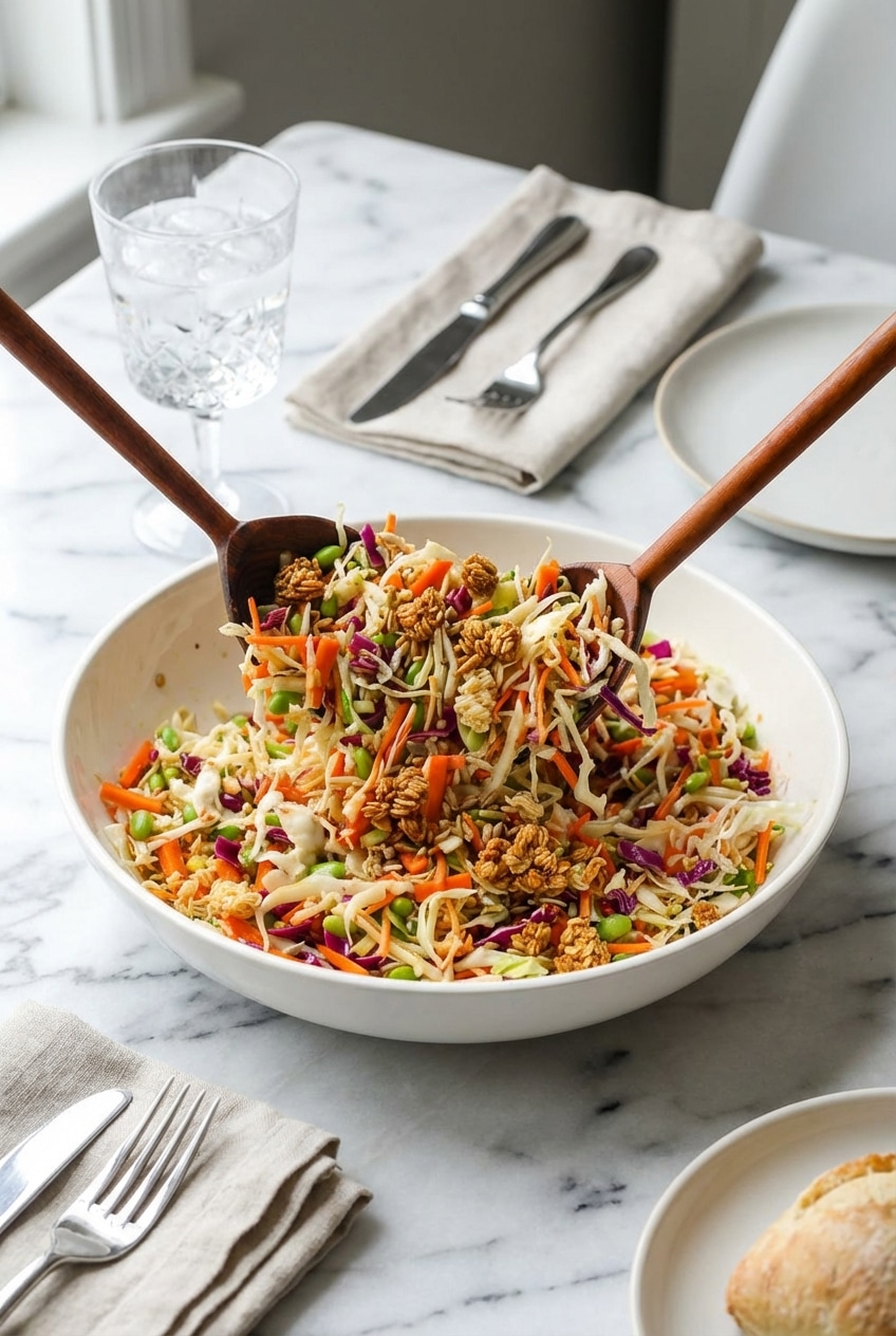 A large serving bowl filled with Crunchy Asian Salad placed on a dinner table ready for a potluck.
