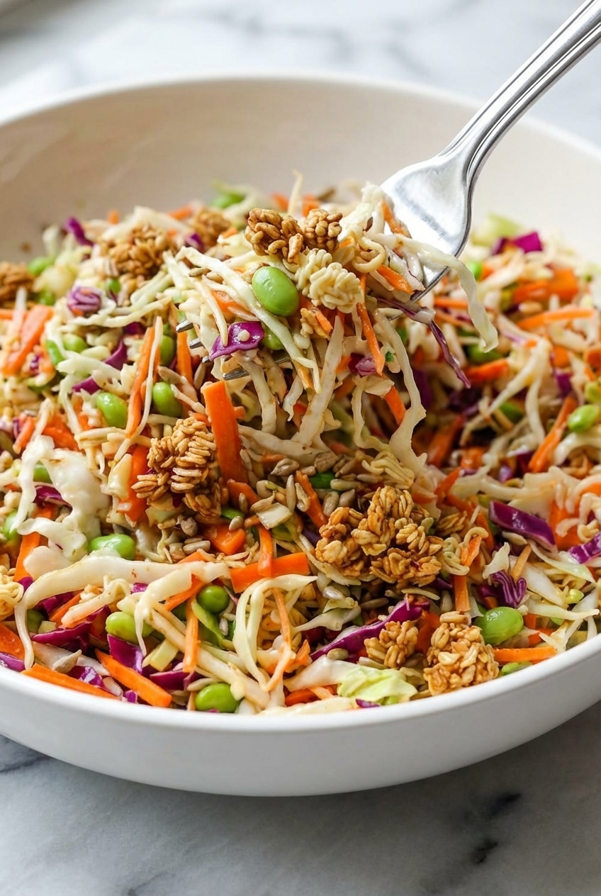 Close-up view of toasted almonds and ramen noodles coated in brown butter for a Crunchy Asian Salad topping.