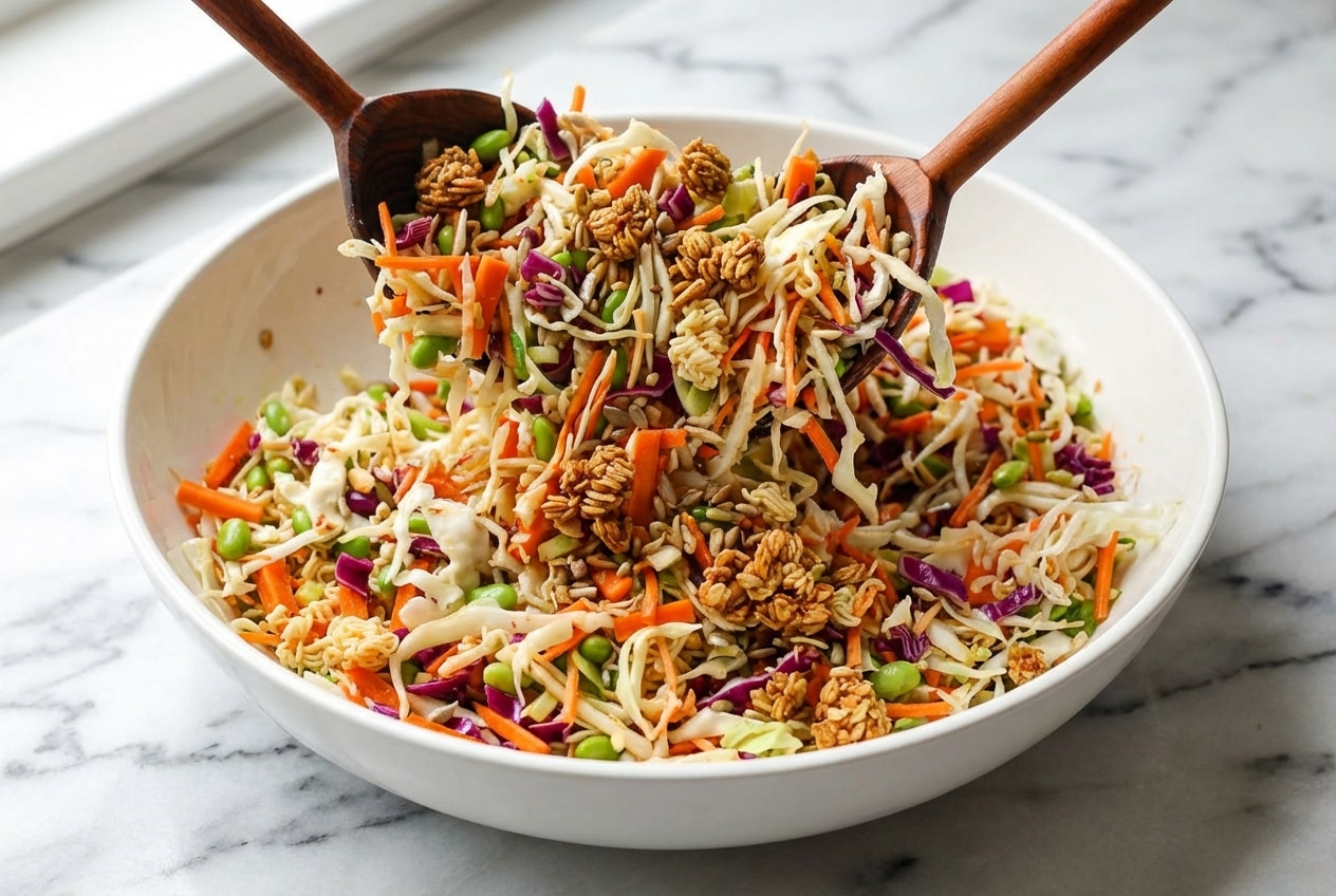 Vibrant Crunchy Asian Salad bowl topped with brown butter and soy granola, Napa cabbage, and edamame.