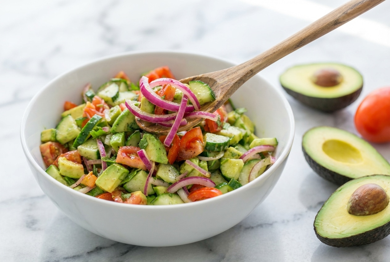 Bowl of fresh Cucumber Tomato Avocado Salad with cilantro and red onions macerated in lemon juice for a milder flavor.