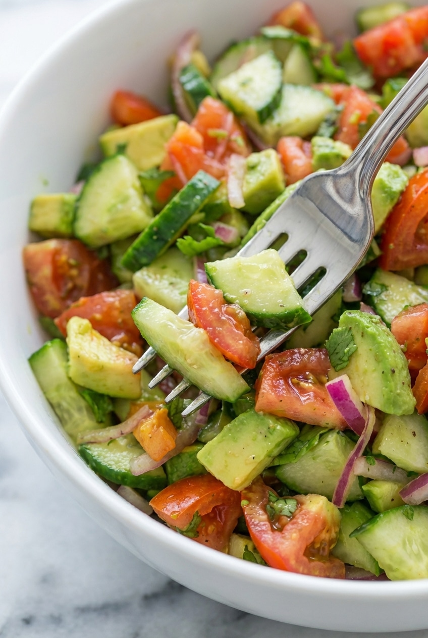Close-up texture of Cucumber Tomato Avocado Salad highlighting crisp English cucumber and soft Hass avocado chunks.