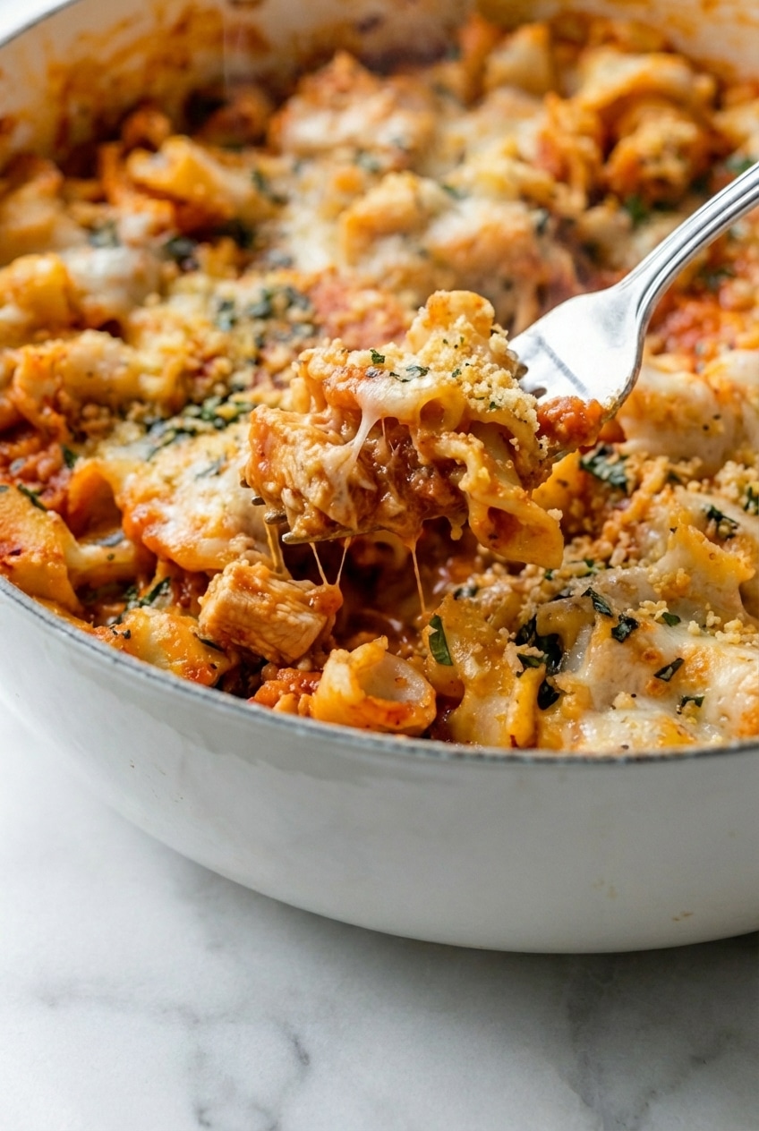 Close-up of one pot chicken parmesan pasta highlighting the Maillard reaction on golden-brown chicken.