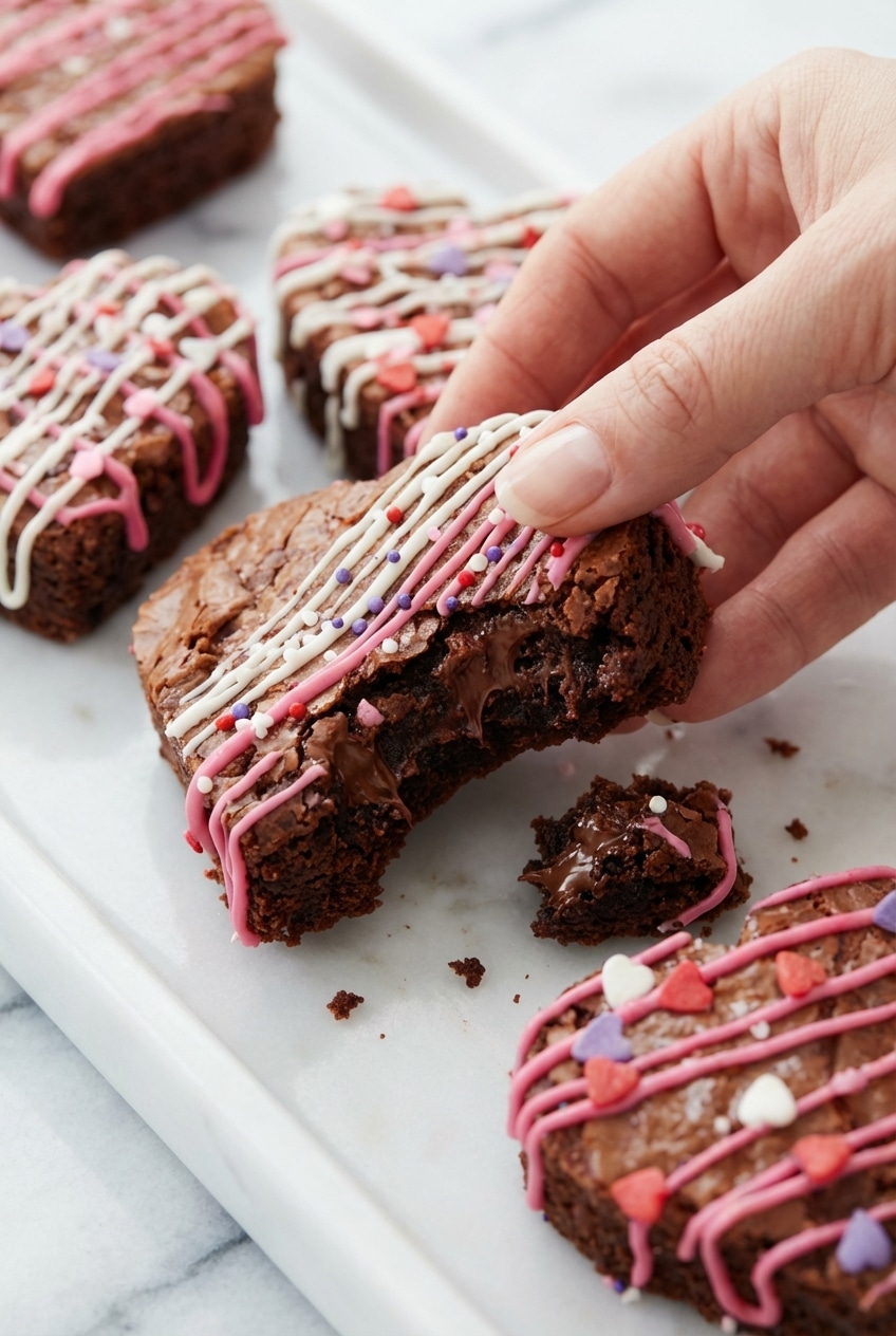 Using a heart-shaped cookie cutter to create clean edges on fudgy heart shaped brownies.