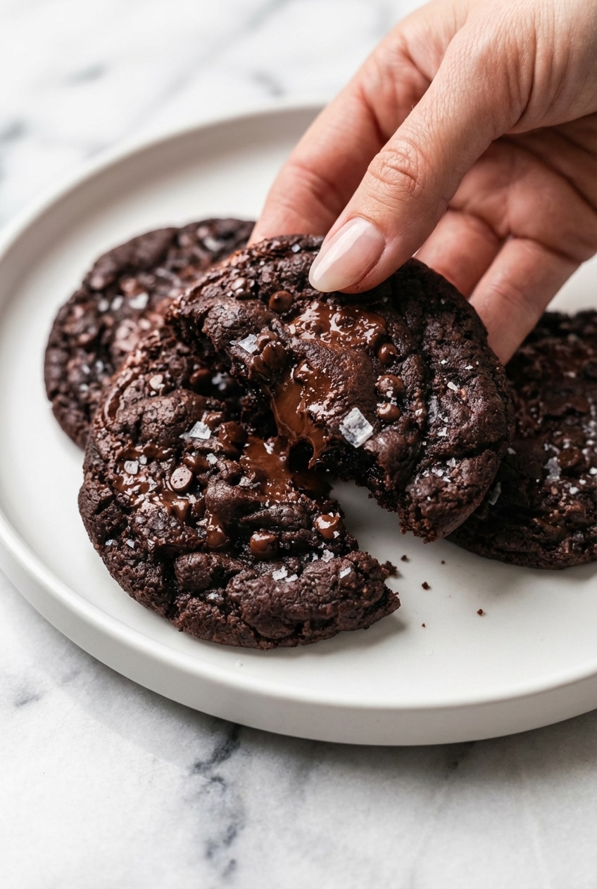 Macro shot of dairy free chocolate cookies showing the Maillard reaction and fudgy crumb texture.