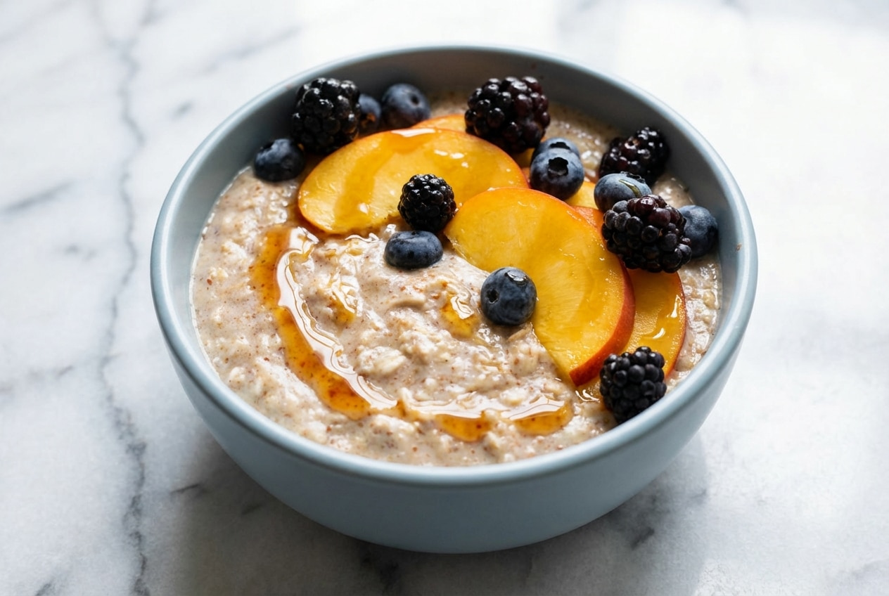 Creamy Daniel Fast Breakfast oats prepared with a date-water infusion technique for natural sweetness.