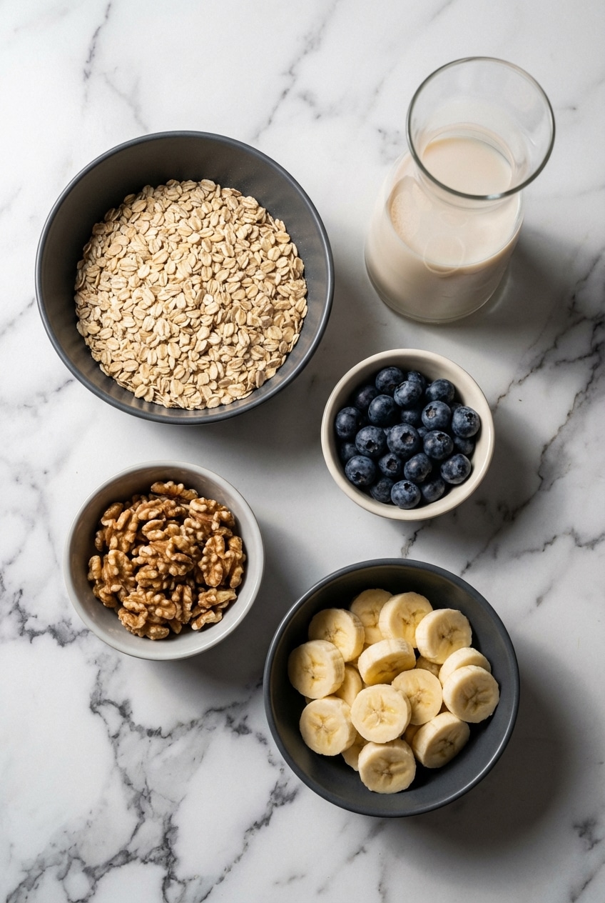Medjool dates, steel-cut oats, and unsweetened almond milk arranged for a Daniel Fast Breakfast.