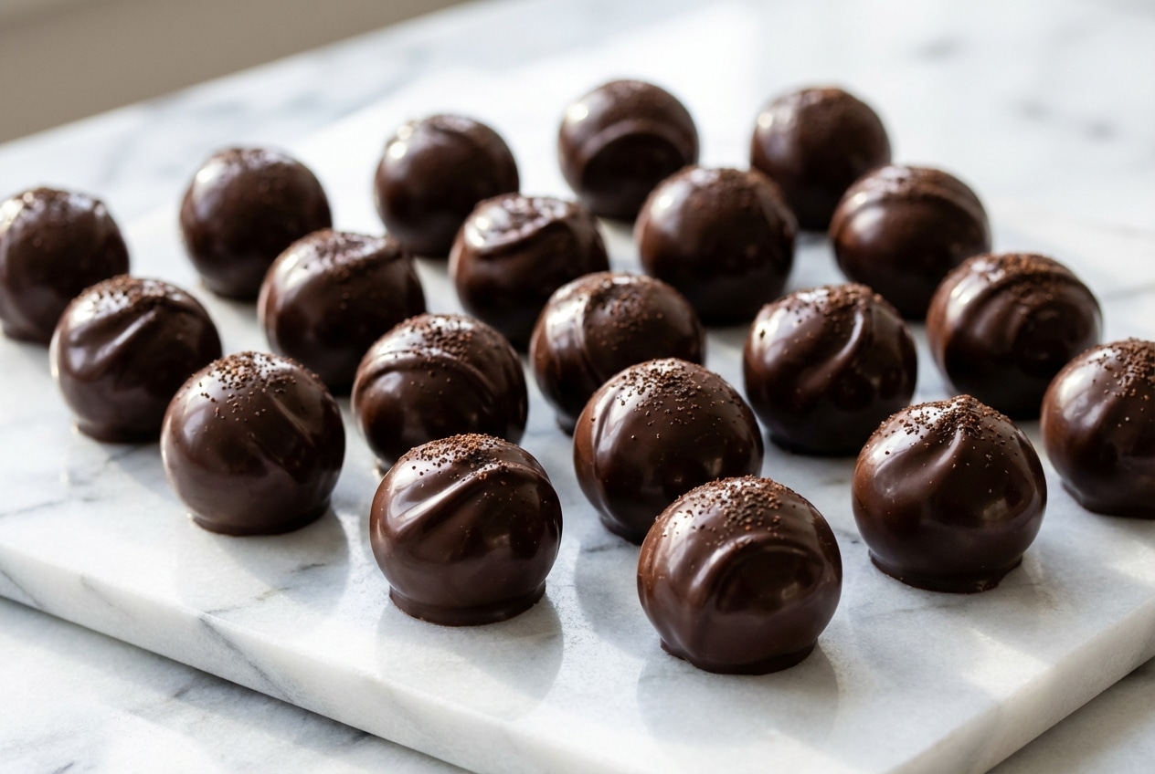 Glossy dark chocolate candy recipes featuring an espresso-infused layer made using the seed tempering technique.