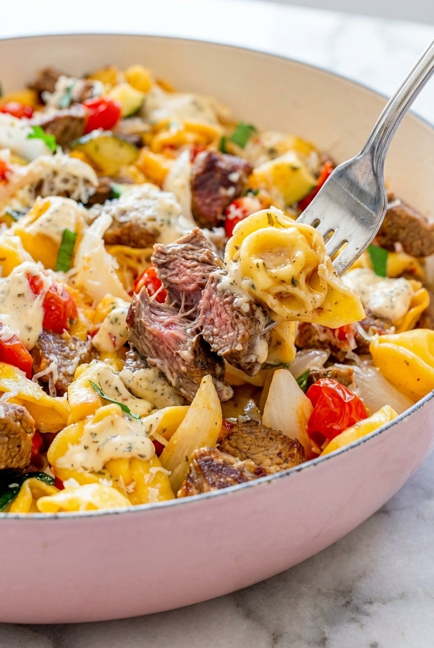 Cooking Garlic Parmesan Steak Tortellini in a hot skillet, deglazing the flavorful pan fond to build a rich cream sauce.