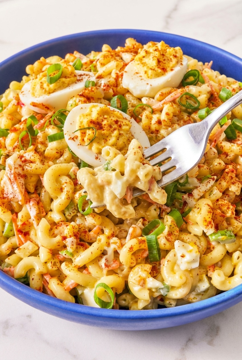 Close-up of deviled egg pasta salad texture showing the silky dressing emulsification on al dente macaroni.