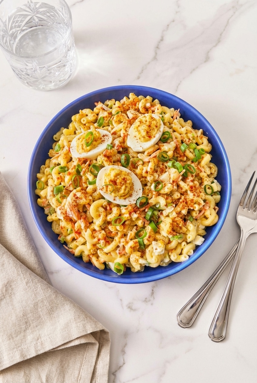 Deviled egg pasta salad served as a colorful potluck side dish in a large glass bowl.