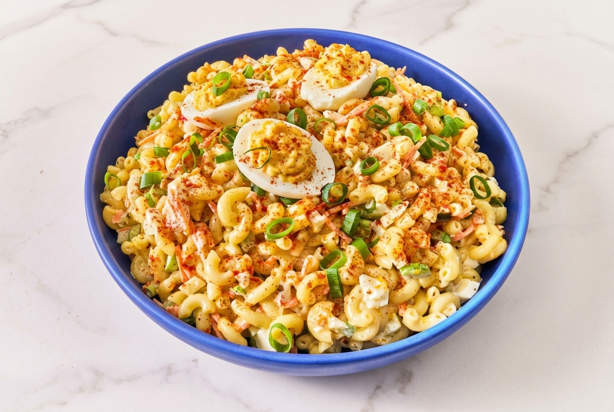 Creamy deviled egg pasta salad featuring a savory umami-brine emulsion and a dusting of smoked paprika.