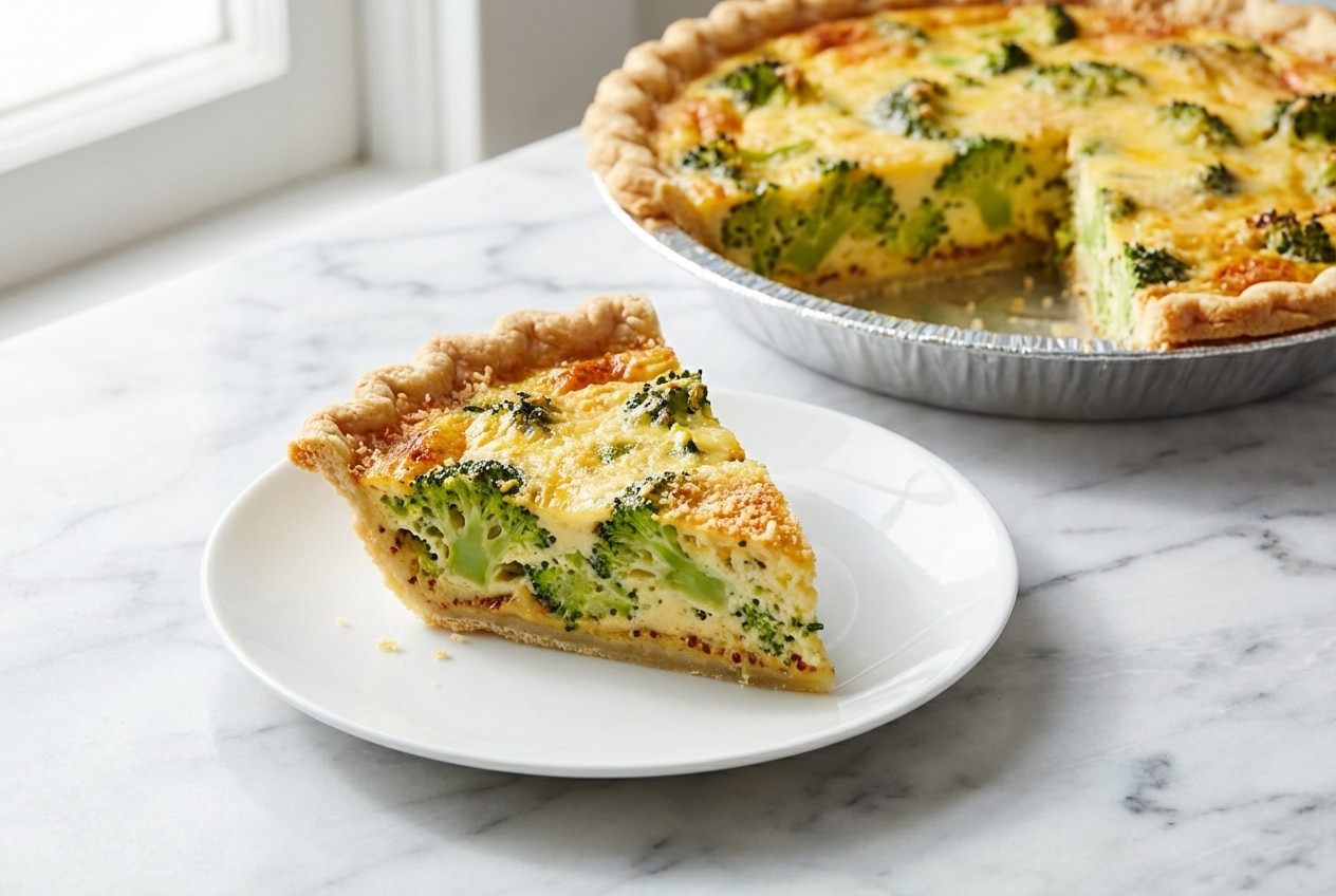 Golden broccoli cheese quiche in a flaky crust with a savory Dijon and Parmesan base layer.