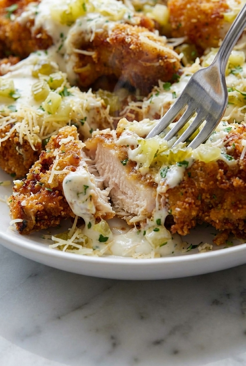 Close up of the crispy toasted panko and dried dill crust on freshly baked dill pickle parmesan chicken.