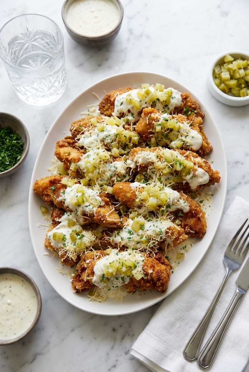 Sliced dill pickle parmesan chicken served on a dinner plate with a side of dill pickle ranch dressing and fresh greens.