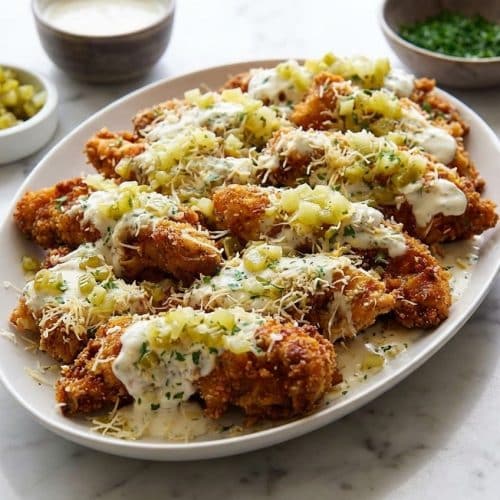 Golden dill pickle parmesan chicken coated in toasted dill panko, resting on a plate after a flavor-packed pickle juice brine.