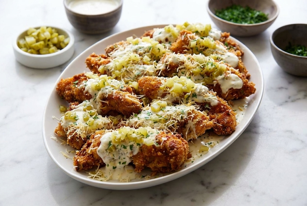 Golden dill pickle parmesan chicken coated in toasted dill panko, resting on a plate after a flavor-packed pickle juice brine.