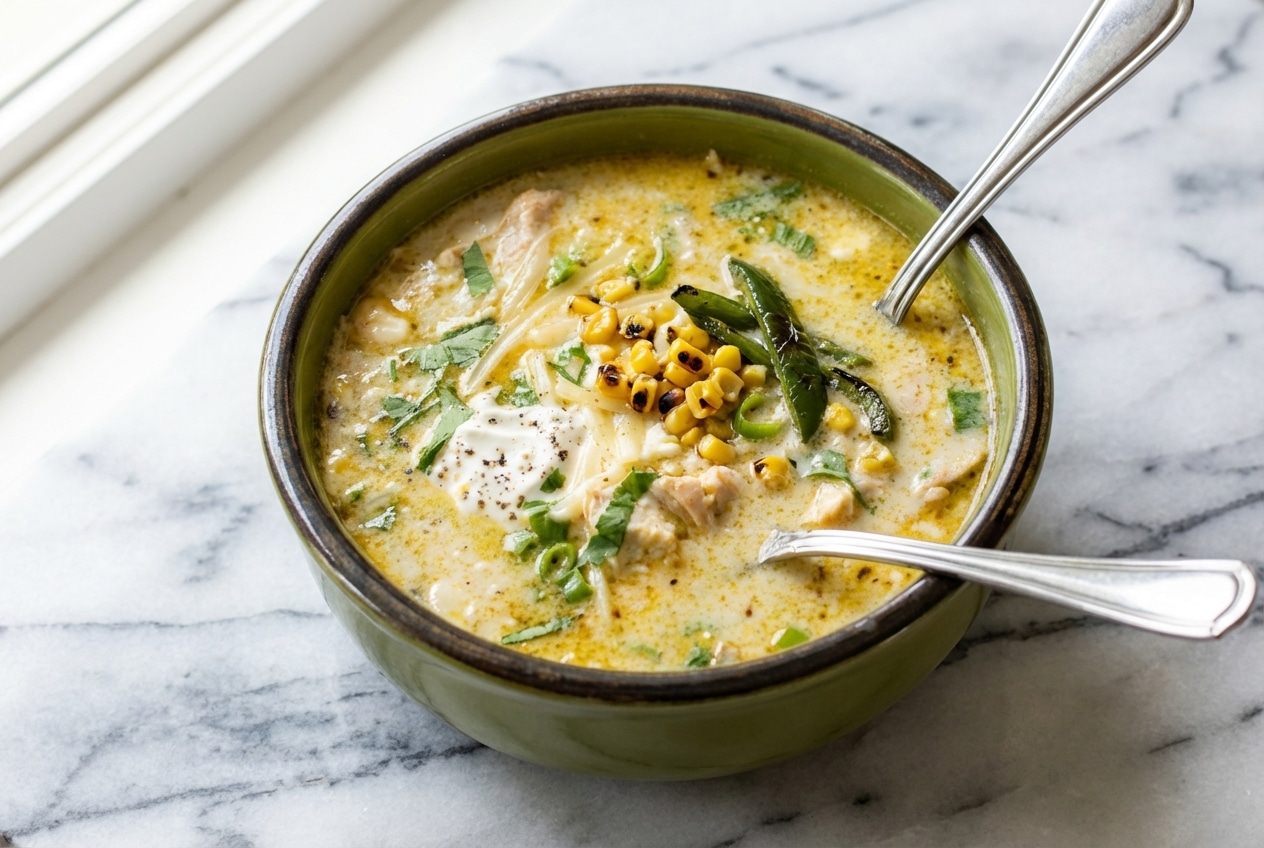 Creamy green chicken enchilada soup in a bowl, showing depth of flavor from the double-char technique.