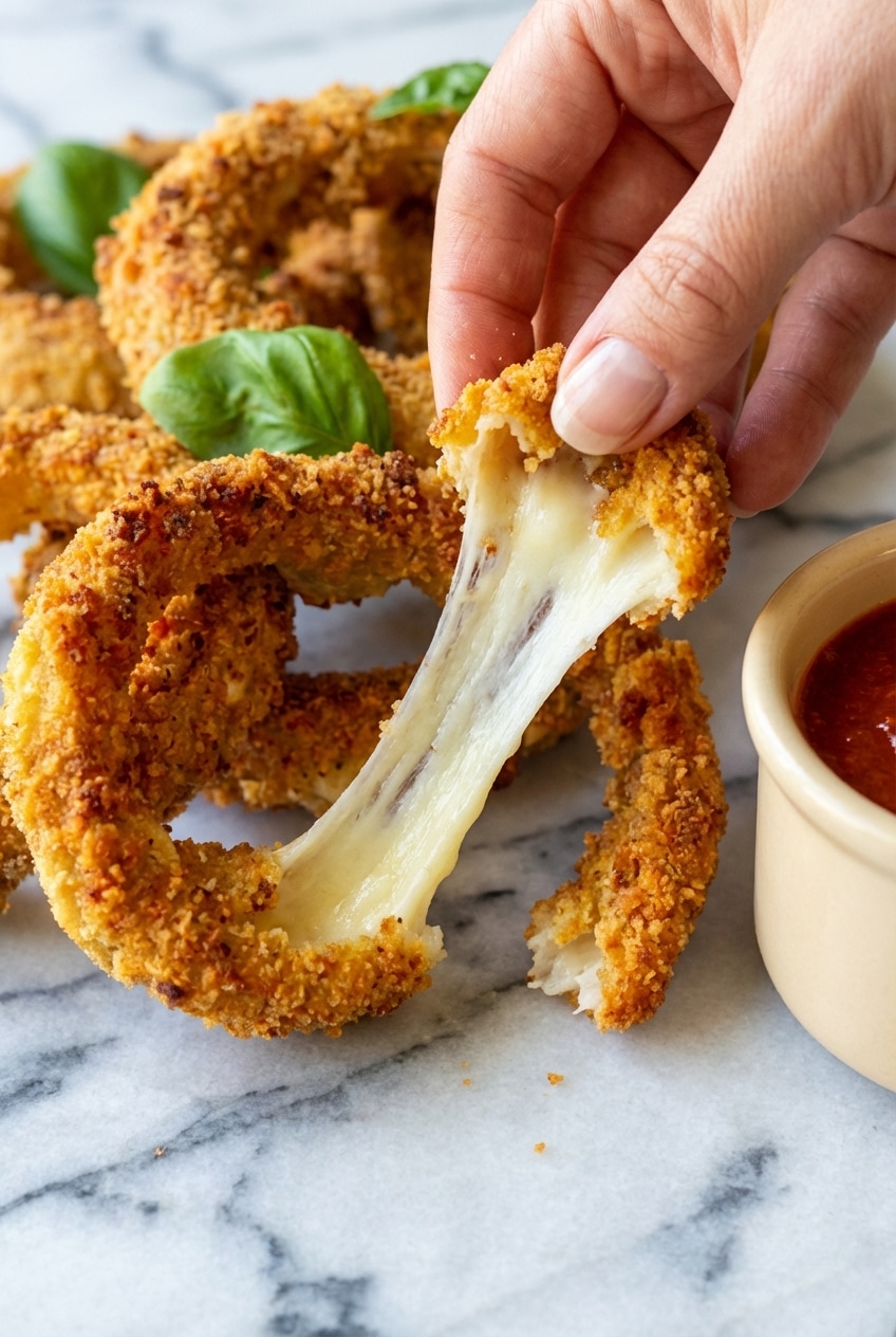 Close up of breaded mozzarella stick onion rings showing the thick double coating that prevents cheese leaks.