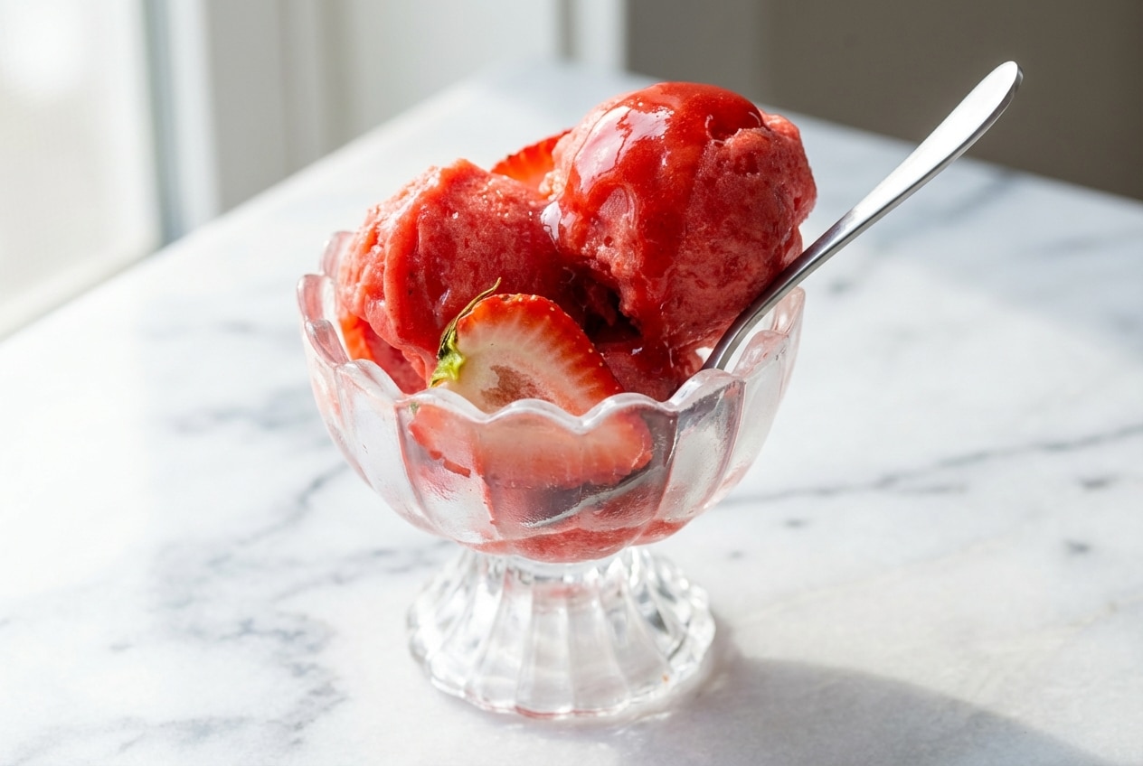 Two vibrant scoops of intensely colored strawberry sorbet in a glass bowl, showcasing a super smooth, concentrated texture.