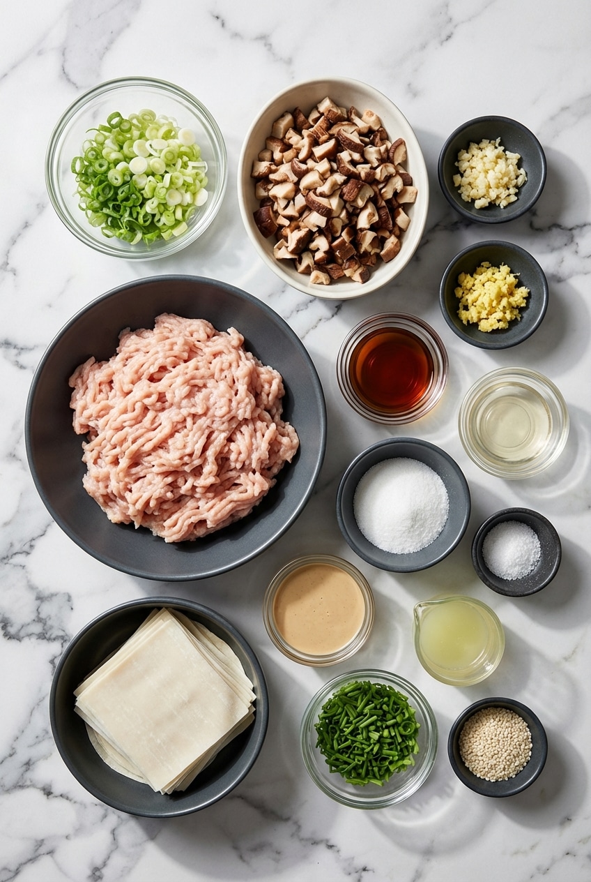 Raw ground pork, wonton wrappers, sesame oil, and napa cabbage flat lay for dumpling lasagna.